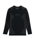Black long-sleeve compression shirt with geometric patterns on a white background