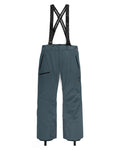 Teal snow pants with black suspenders on a white background