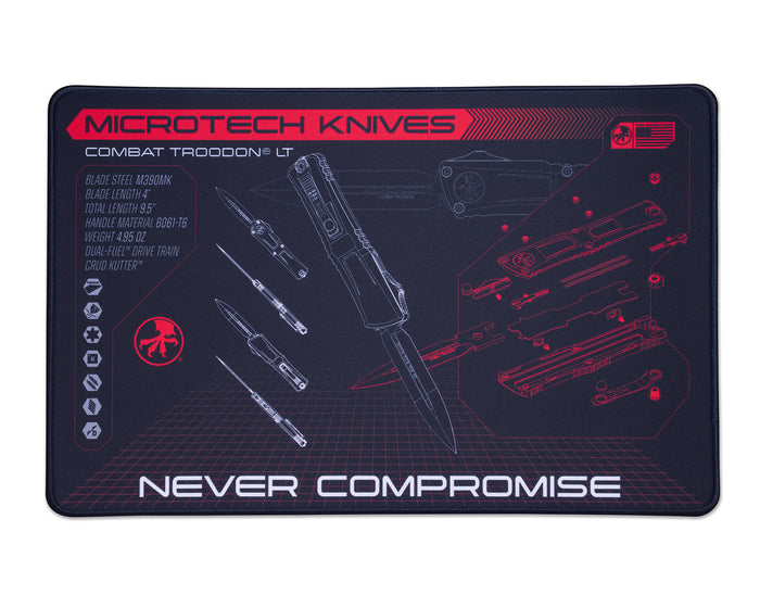 Microtech Knives product mat with Combat Troodon design and Microtech Knives branding on a black background