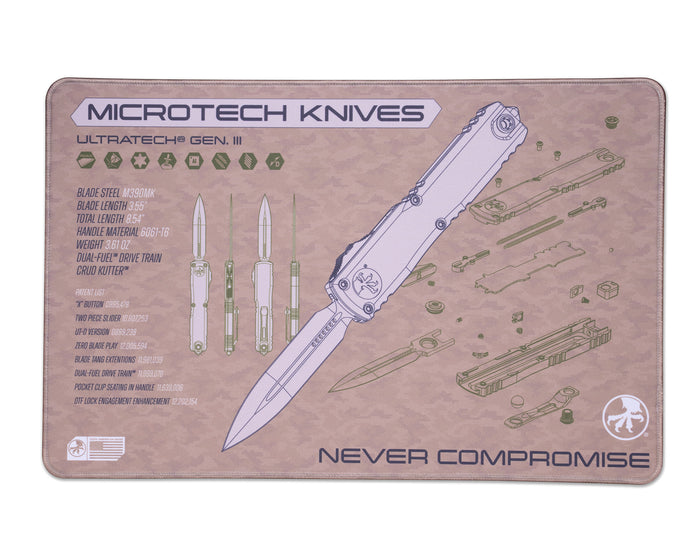 Microtech Knives product display with an Ultratech Gen III knife illustration and text on a sand tan background
