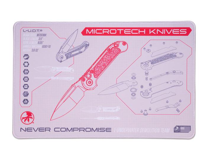 Microtech Knives product mat with LUDT knife illustrations and Microtech Knives branding on a white background