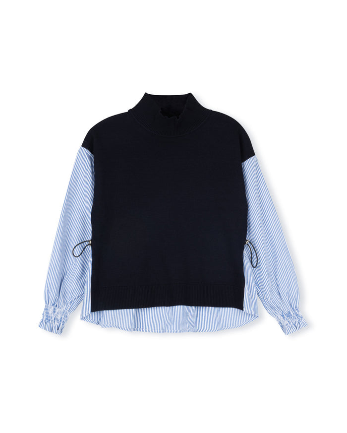 Mixed Fabric Blouson Sleeve Sweater