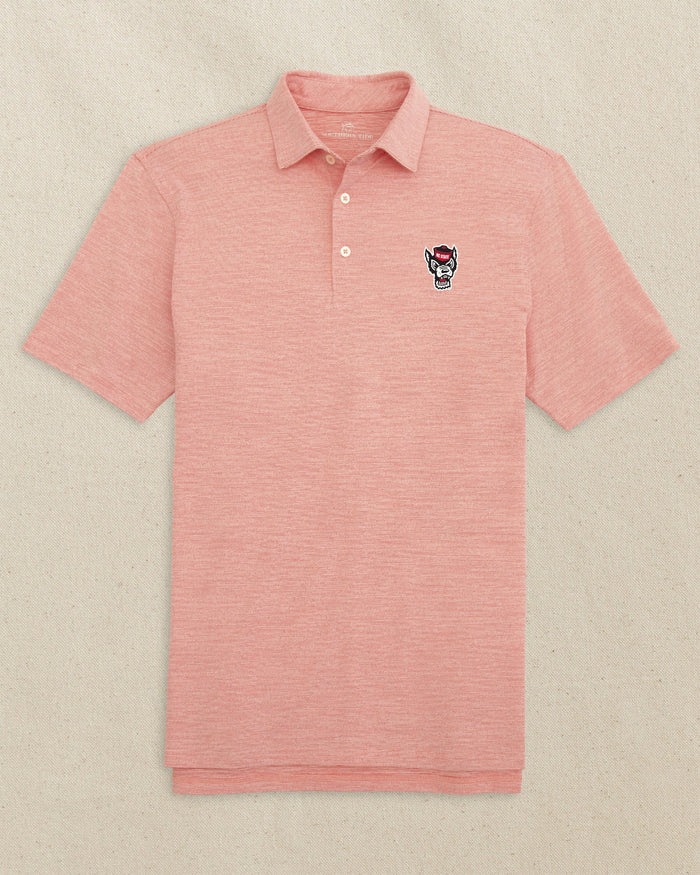 The front view of the Southern Tide NC State Wolf Head Driver Spacedye Polo by Southern Tide - Varsity Red