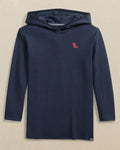 The front view of the Southern Tide Ole Miss Rebels Boys Scuttle Hoodie by Southern Tide - Heather True Navy