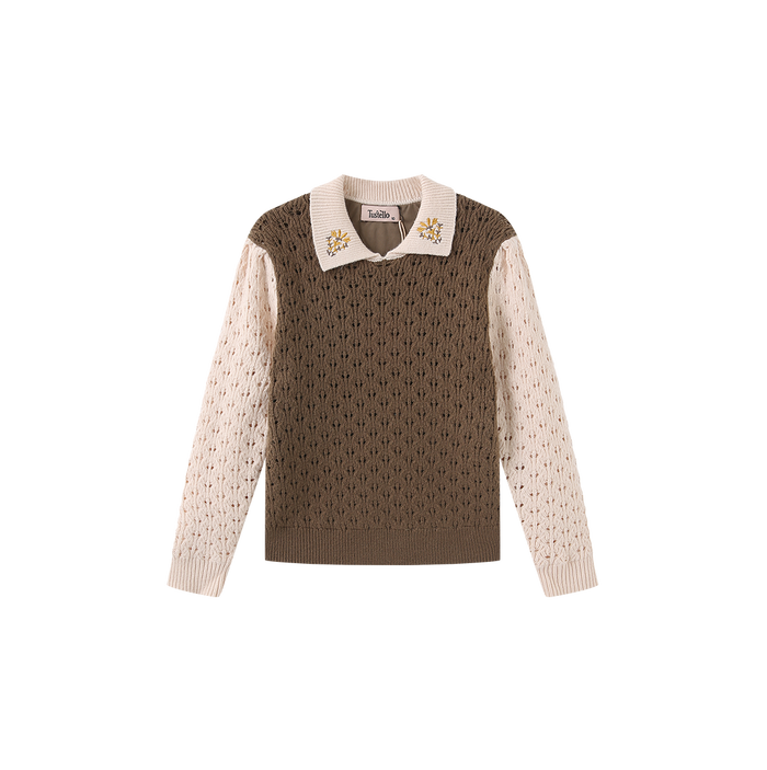 Pez Pointelle Contrast Knit Collared Sweater