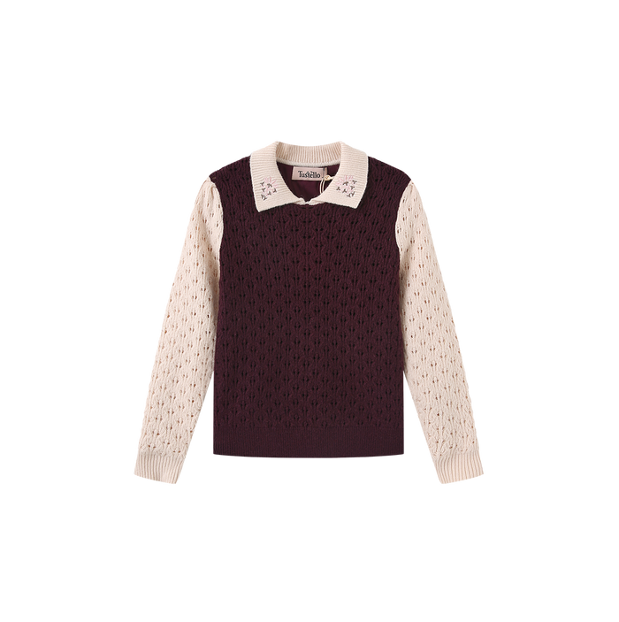 Pez Pointelle Contrast Knit Collared Sweater