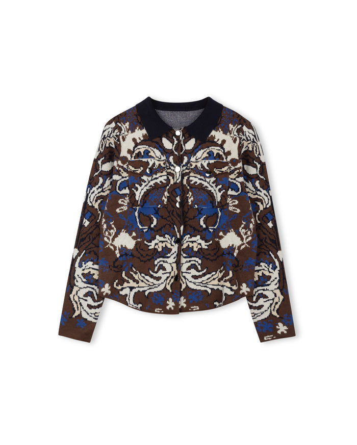Printed Collared Knit Jacket - Junees