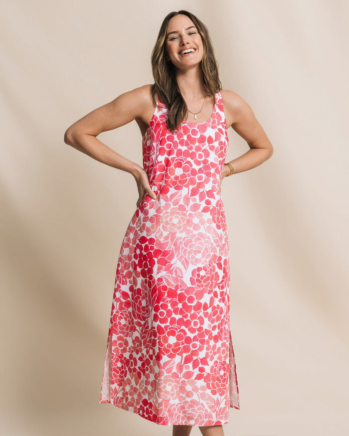 The front view of the Southern Tide Serena Printed Maxi Dress by Southern Tide - Island Pink