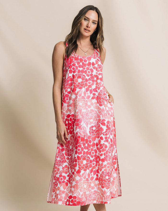 The front view of the Southern Tide Serena Printed Maxi Dress by Southern Tide - Island Pink