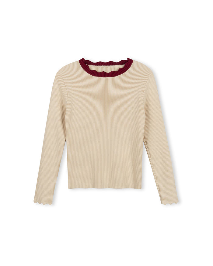 Thin Ribbed Scalloped Trim Sweater - Junees