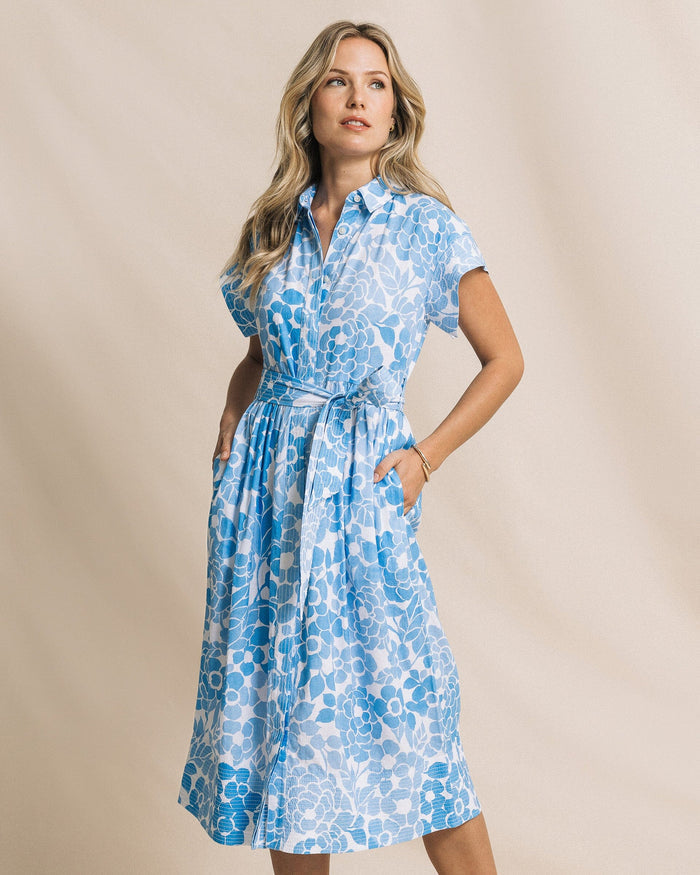 The front view of the Southern Tide Tinley Printed Belted Midi Shirtdress by Southern Tide - Ocean Channel