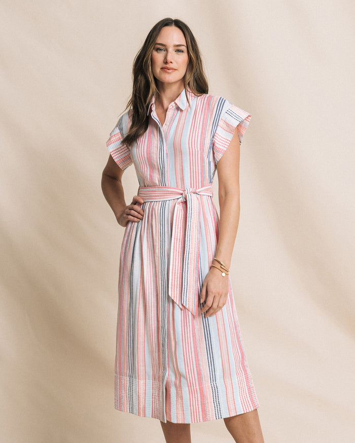 The front view of the Southern Tide Tinley Striped Belted Midi Shirtdress by Southern Tide - Peaches N' Cream