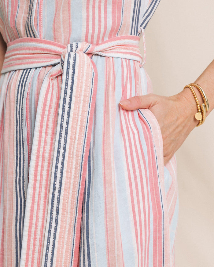 The detail view of the Southern Tide Tinley Striped Belted Midi Shirtdress by Southern Tide - Peaches N' Cream