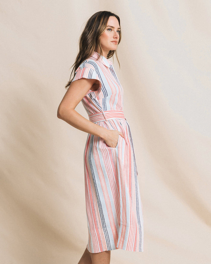 The side view of the Southern Tide Tinley Striped Belted Midi Shirtdress by Southern Tide - Peaches N' Cream