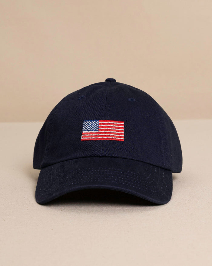The front view of the Southern Tide USA Flag Hat by Southern Tide - Navy