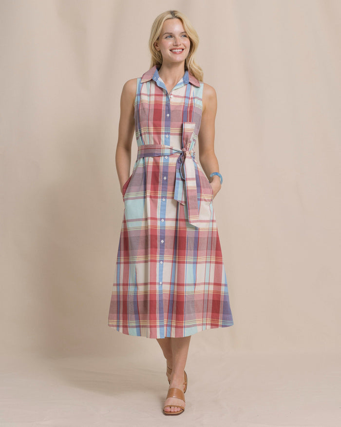 The front view of the Southern Tide Whitley Madras Midi Dress by Southern Tide - White Sand