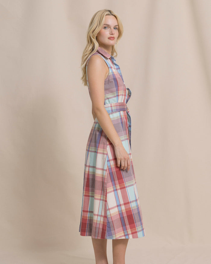 The side view of the Southern Tide Whitley Madras Midi Dress by Southern Tide - White Sand