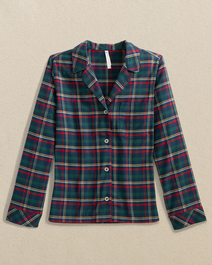 The front view of the Southern Tide Women's Partridgeberry Plaid Lounge Shirt by Southern Tide - Dress Blue