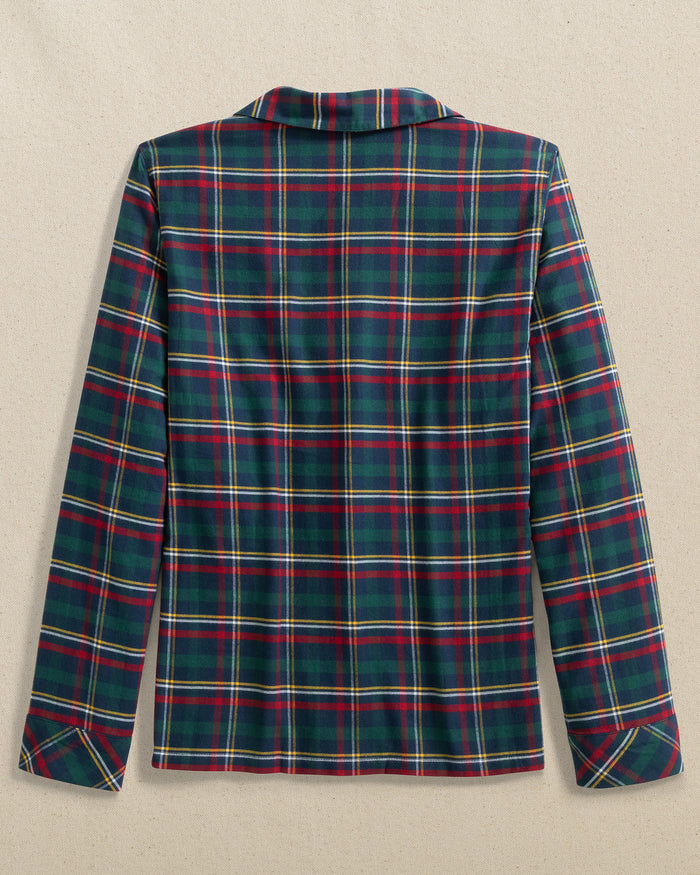 The back view of the Southern Tide Women's Partridgeberry Plaid Lounge Shirt by Southern Tide - Dress Blue