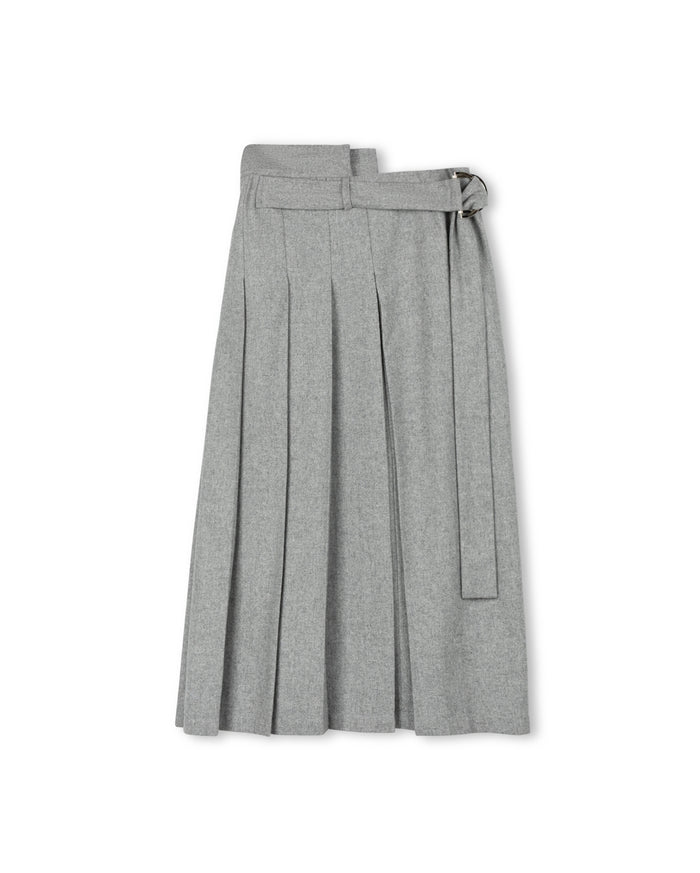 Wool Belted Front Pleat Midi Skirt - Junees
