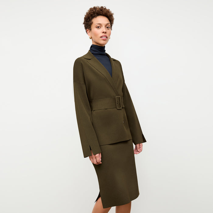 front image of a woman wearing the yuwei jardigan in dark elm | Lead